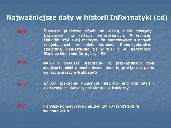 Najważniejsze daty w historii Informatyki (cd) 1890 Pierwsze publiczne użycie na wielką skalę maszyny