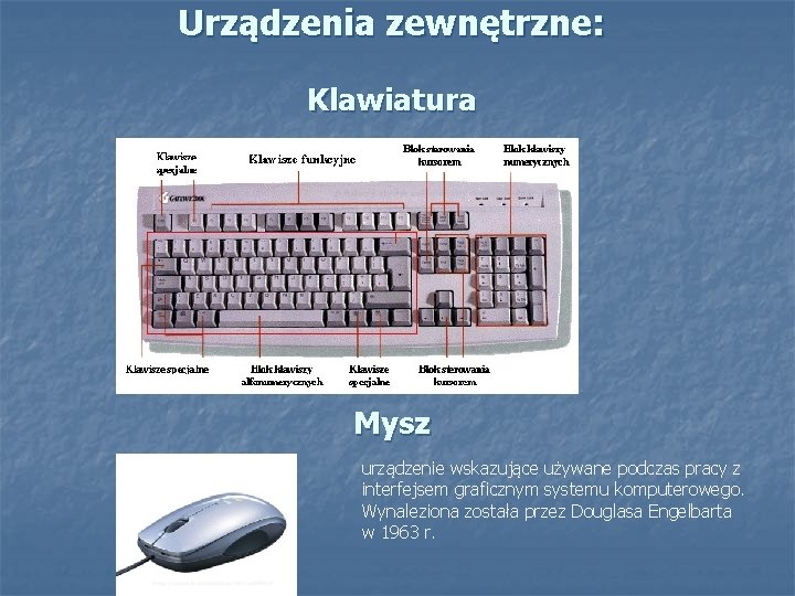 Urządzenia zewnętrzne: Klawiatura Mysz urządzenie wskazujące używane podczas pracy z interfejsem graficznym systemu komputerowego.