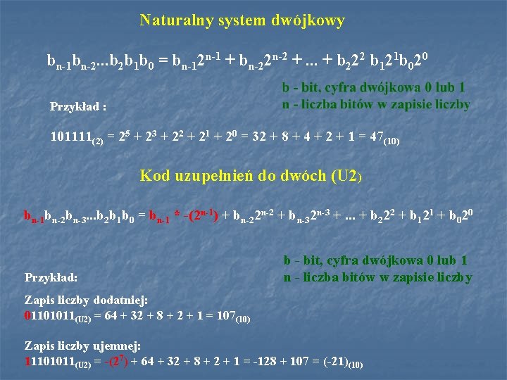 Naturalny system dwójkowy bn-1 bn-2. . . b 2 b 1 b 0 =