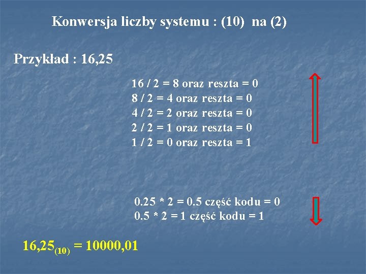 Konwersja liczby systemu : (10) na (2) Przykład : 16, 25 16 / 2