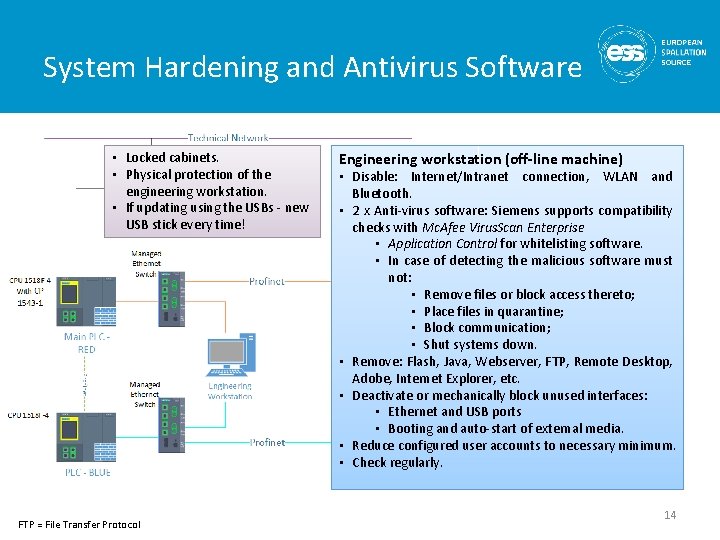 System Hardening and Antivirus Software • Locked cabinets. • Physical protection of the engineering System Hardening and Antivirus Software • Locked cabinets. • Physical protection of the engineering