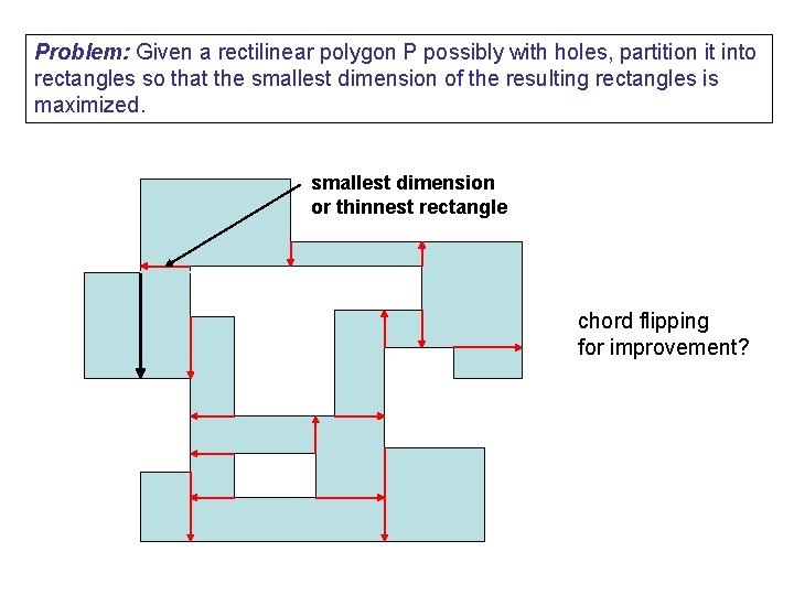 Problem: Given a rectilinear polygon P possibly with holes, partition it into rectangles so