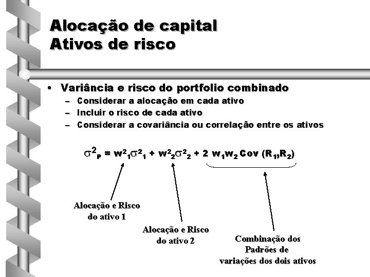 Alocação de capital Ativos de risco • Variância e risco do portfolio combinado –