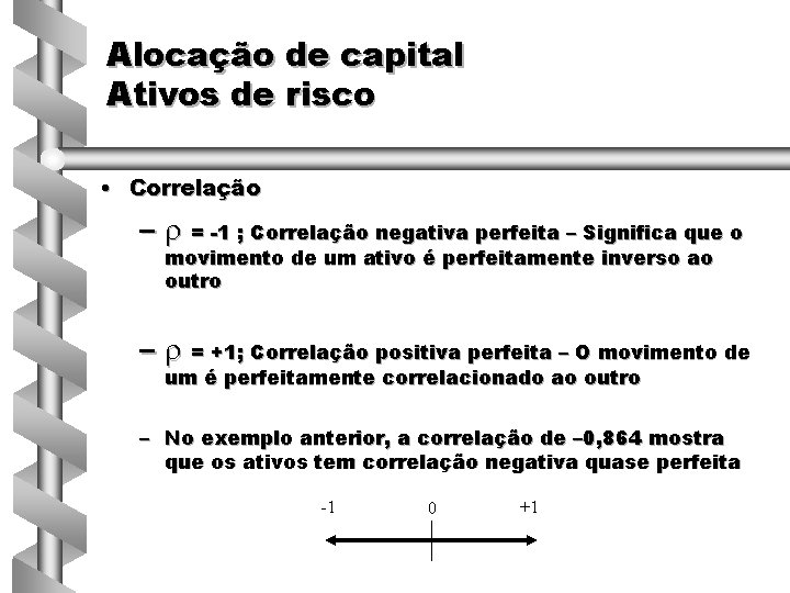 Alocação de capital Ativos de risco • Correlação – = -1 ; Correlação negativa