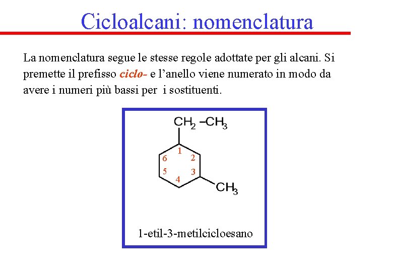 Cicloalcani: nomenclatura La nomenclatura segue le stesse regole adottate per gli alcani. Si premette