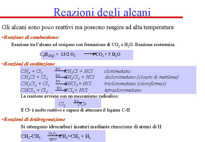 Reazioni degli alcani Gli alcani sono poco reattivi ma possono reagire ad alta temperatura