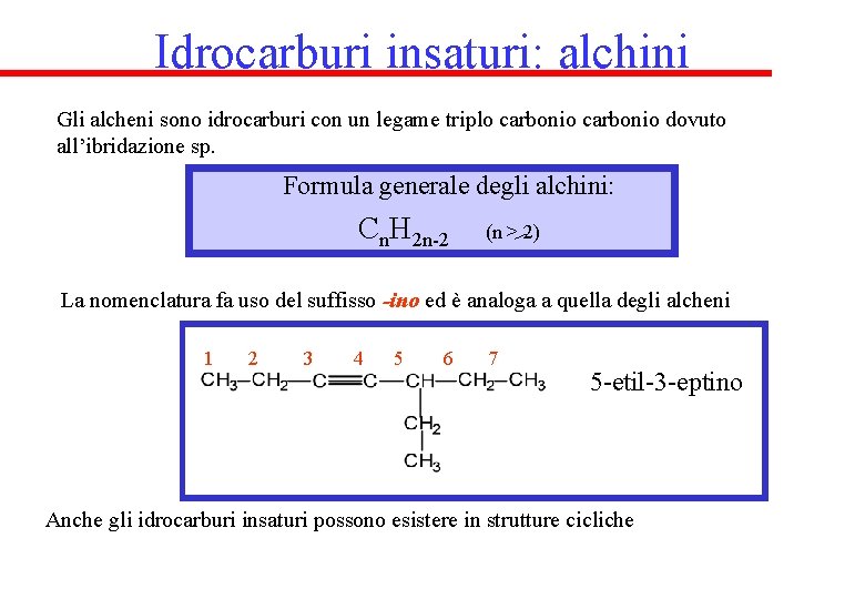 Idrocarburi insaturi: alchini Gli alcheni sono idrocarburi con un legame triplo carbonio dovuto all’ibridazione