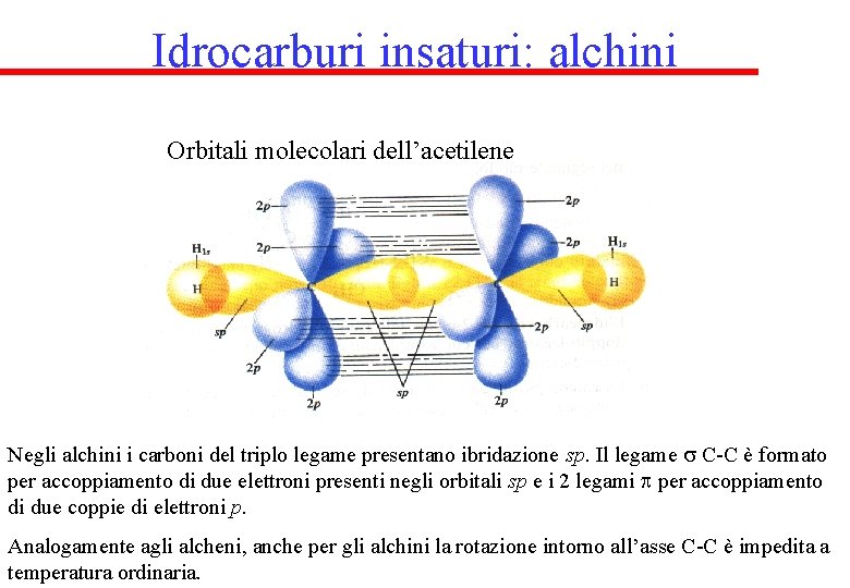 Idrocarburi insaturi: alchini Orbitali molecolari dell’acetilene Negli alchini i carboni del triplo legame presentano