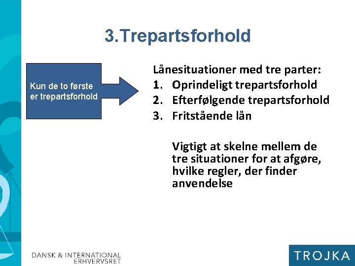 3. Trepartsforhold Kun de to første er trepartsforhold Lånesituationer med tre parter: 1. Oprindeligt