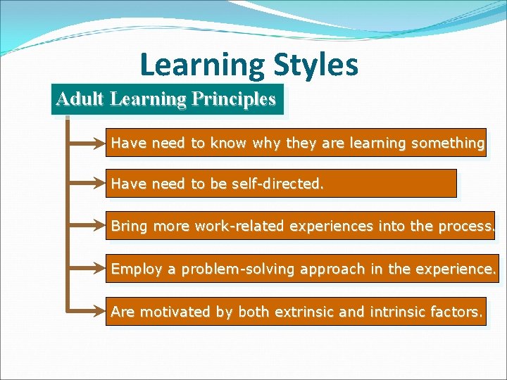 Learning Styles Adult Learning Principles Have need to know why they are learning something.