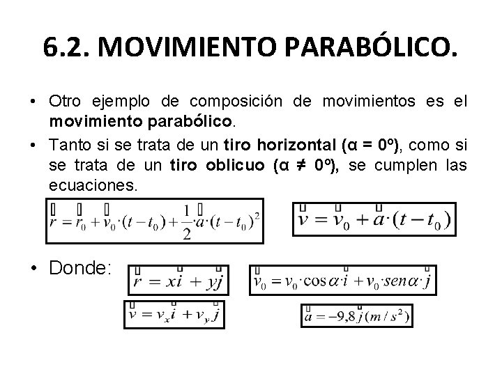 6. 2. MOVIMIENTO PARABÓLICO. • Otro ejemplo de composición de movimientos es el movimiento