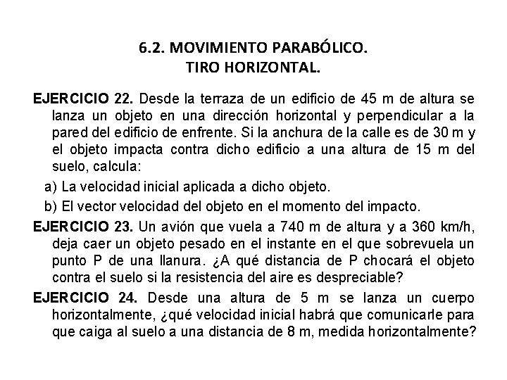 6. 2. MOVIMIENTO PARABÓLICO. TIRO HORIZONTAL. EJERCICIO 22. Desde la terraza de un edificio