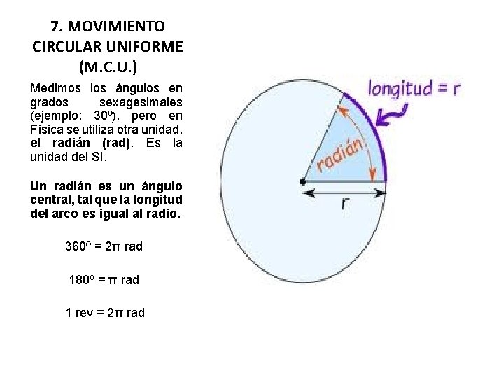 7. MOVIMIENTO CIRCULAR UNIFORME (M. C. U. ) Medimos los ángulos en grados sexagesimales