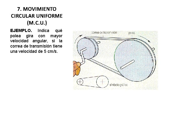 7. MOVIMIENTO CIRCULAR UNIFORME (M. C. U. ) EJEMPLO. Indica qué polea gira con