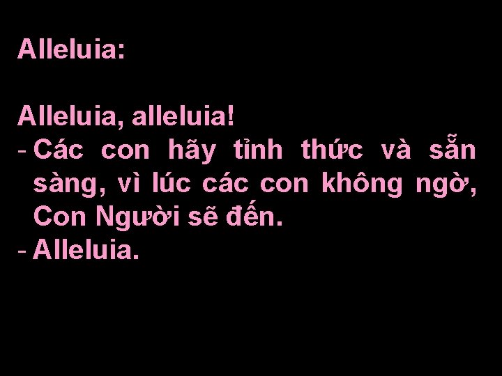 Alleluia: Alleluia, alleluia! - Các con hãy tỉnh thức và sẵn sàng, vì lúc