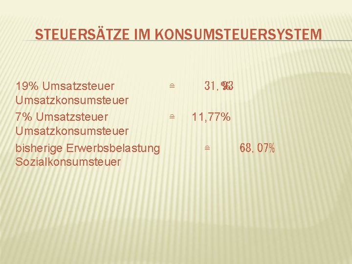 STEUERSÄTZE IM KONSUMSTEUERSYSTEM 19% Umsatzsteuer ≘ Umsatzkonsumsteuer 7% Umsatzsteuer ≘ Umsatzkonsumsteuer bisherige Erwerbsbelastung Sozialkonsumsteuer