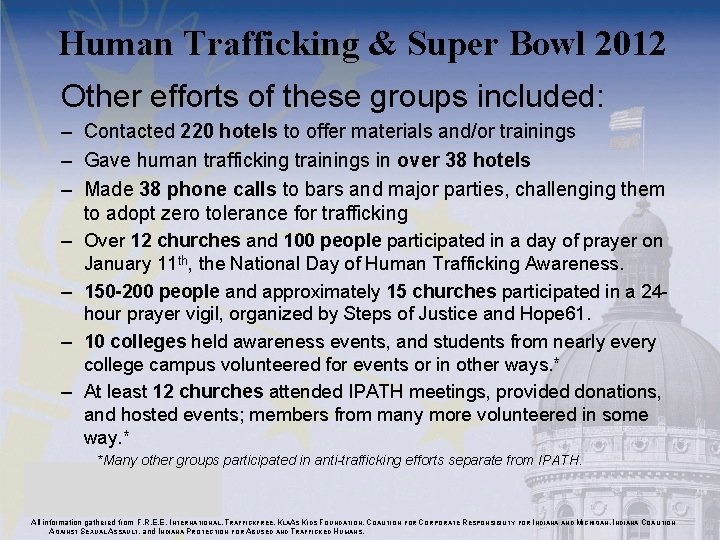 Human Trafficking & Super Bowl 2012 Other efforts of these groups included: – Contacted