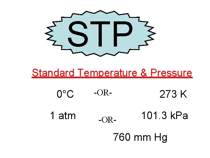 STP Standard Temperature & Pressure 0°C 1 atm -OR- 273 K -OR- 101. 3