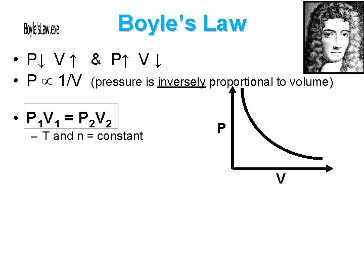 Boyle’s Law • P↓ V ↑ & P↑ V ↓ • P 1/V (pressure