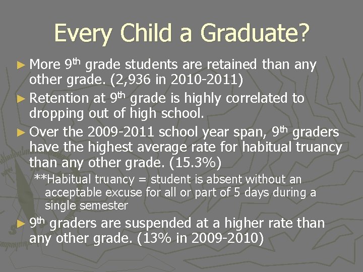 Every Child a Graduate? ► More 9 th grade students are retained than any