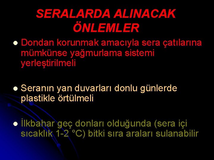 SERALARDA ALINACAK ÖNLEMLER l Dondan korunmak amacıyla sera çatılarına mümkünse yağmurlama sistemi yerleştirilmeli l