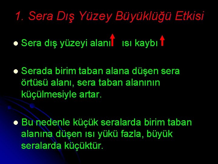 1. Sera Dış Yüzey Büyüklüğü Etkisi l Sera dış yüzeyi alanı ısı kaybı l