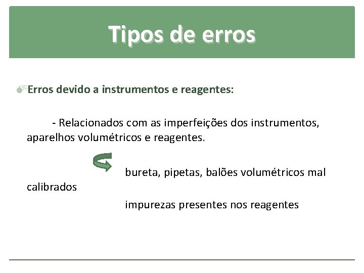Tipos de erros Erros devido a instrumentos e reagentes: - Relacionados com as imperfeições