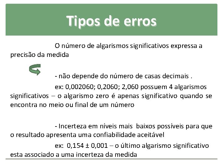 Tipos de erros O número de algarismos significativos expressa a precisão da medida -