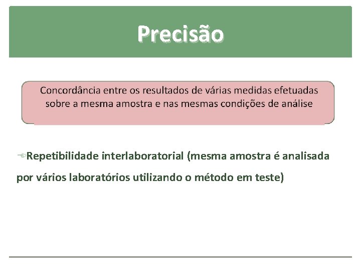 Precisão ERepetibilidade interlaboratorial (mesma amostra é analisada por vários laboratórios utilizando o método em