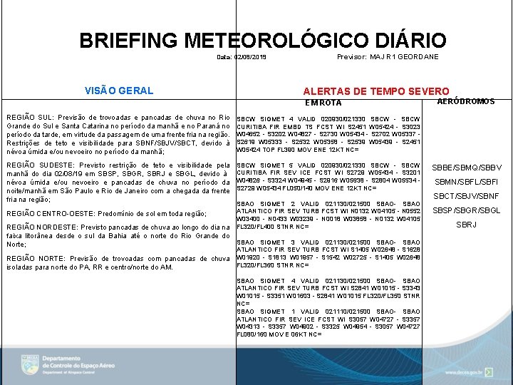 BRIEFING METEOROLÓGICO DIÁRIO Data: 02/08/2019 VISÃO GERAL Previsor: MAJ R 1 GEORDANE ALERTAS DE