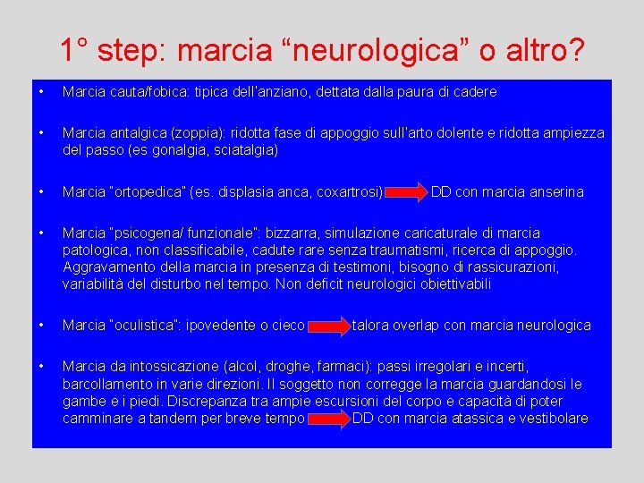 1° step: marcia “neurologica” o altro? • Marcia cauta/fobica: tipica dell’anziano, dettata dalla paura