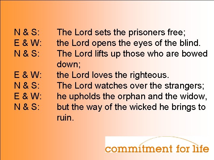 N & S: E & W: N & S: The Lord sets the prisoners
