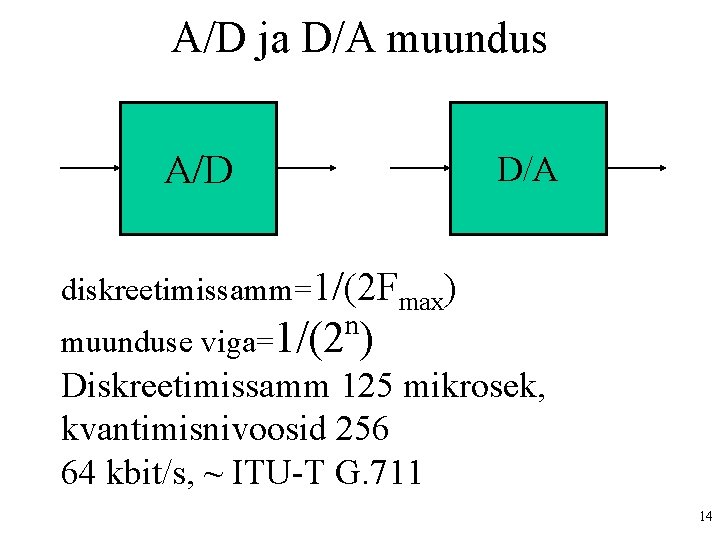 A/D ja D/A muundus A/D D/A diskreetimissamm=1/(2 Fmax) muunduse viga=1/(2 n ) Diskreetimissamm 125