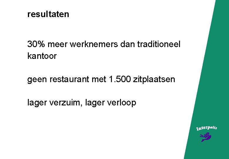 resultaten 30% meer werknemers dan traditioneel kantoor geen restaurant met 1. 500 zitplaatsen lager