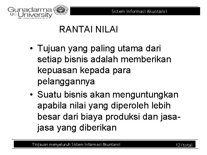 Sistem Informasi Akuntansi RANTAI NILAI • Tujuan yang paling utama dari setiap bisnis adalah