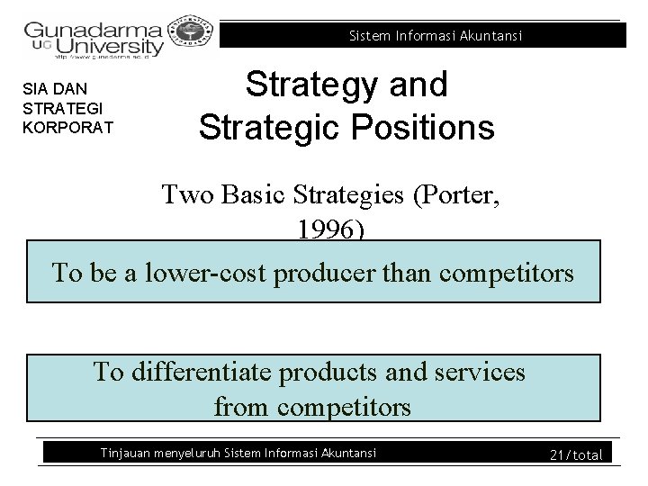 Sistem Informasi Akuntansi SIA DAN STRATEGI KORPORAT Strategy and Strategic Positions Two Basic Strategies
