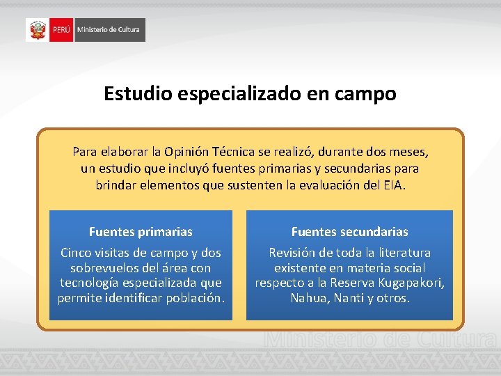 Estudio especializado en campo Para elaborar la Opinión Técnica se realizó, durante dos meses,