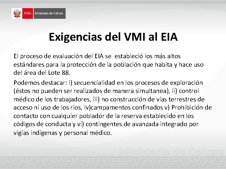 Exigencias del VMI al EIA El proceso de evaluación del EIA se estableció los