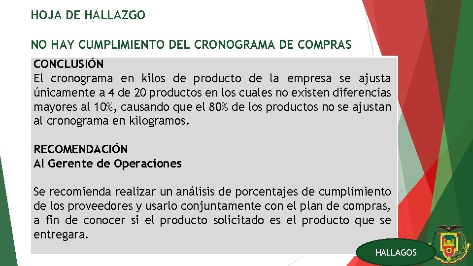 HOJA DE HALLAZGO NO HAY CUMPLIMIENTO DEL CRONOGRAMA DE COMPRAS CONCLUSIÓN El cronograma en