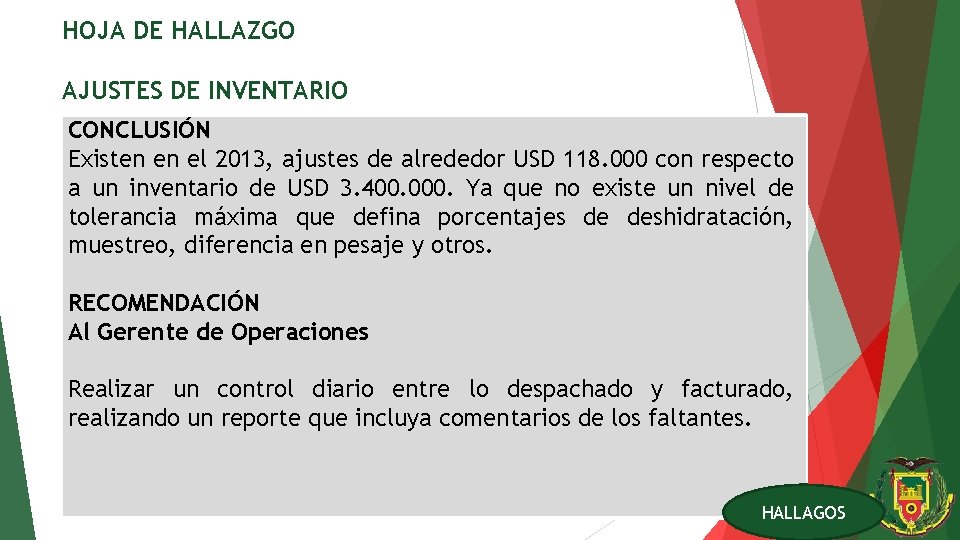HOJA DE HALLAZGO AJUSTES DE INVENTARIO CONCLUSIÓN Existen en el 2013, ajustes de alrededor