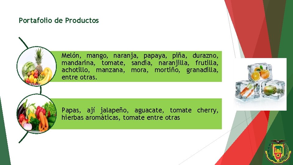 Portafolio de Productos Melón, mango, naranja, papaya, piña, durazno, mandarina, tomate, sandia, naranjilla, frutilla,
