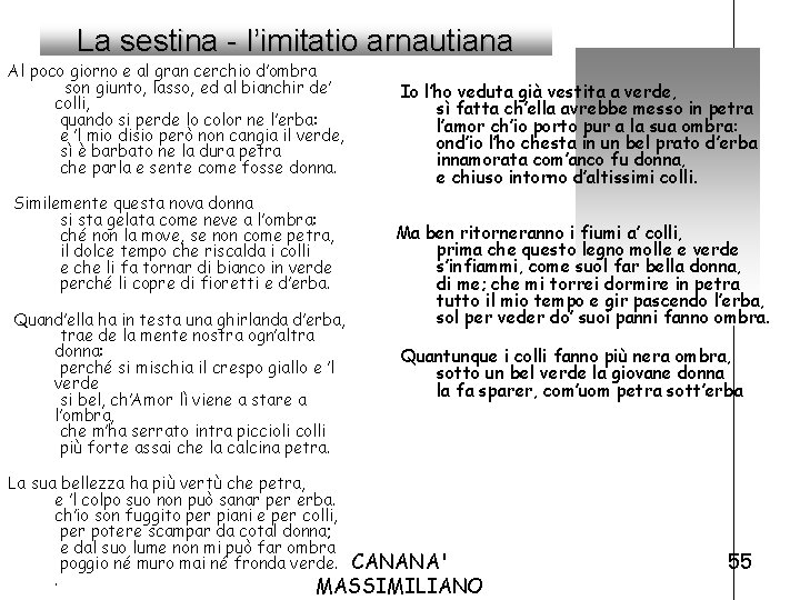 La sestina - l’imitatio arnautiana Al poco giorno e al gran cerchio d’ombra son