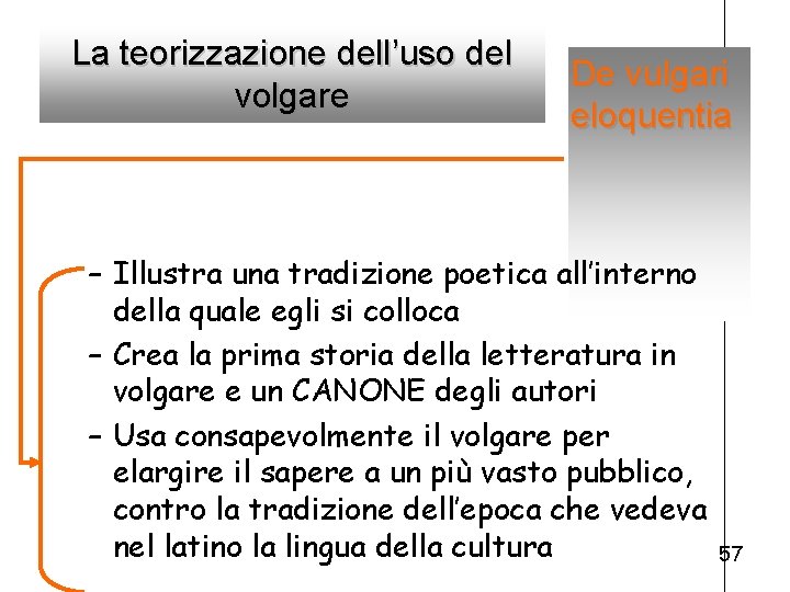 La teorizzazione dell’uso del volgare De vulgari eloquentia – Illustra una tradizione poetica all’interno