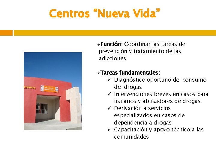 Centros “Nueva Vida” Función: Coordinar las tareas de prevención y tratamiento de las adicciones