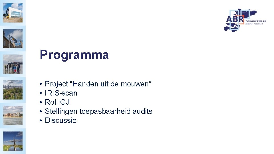 Programma • • • Project “Handen uit de mouwen” IRIS-scan Rol IGJ Stellingen toepasbaarheid