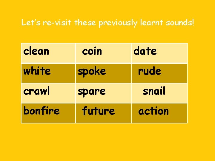 Let’s re-visit these previously learnt sounds! clean coin white spoke crawl spare bonfire future