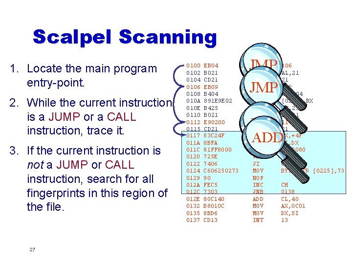 Scalpel Scanning 1. Locate the main program entry-point. 2. While the current instruction is