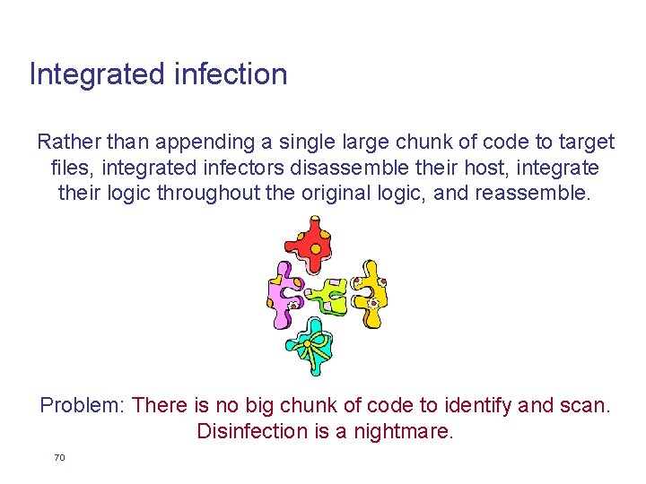 Integrated infection Rather than appending a single large chunk of code to target files,