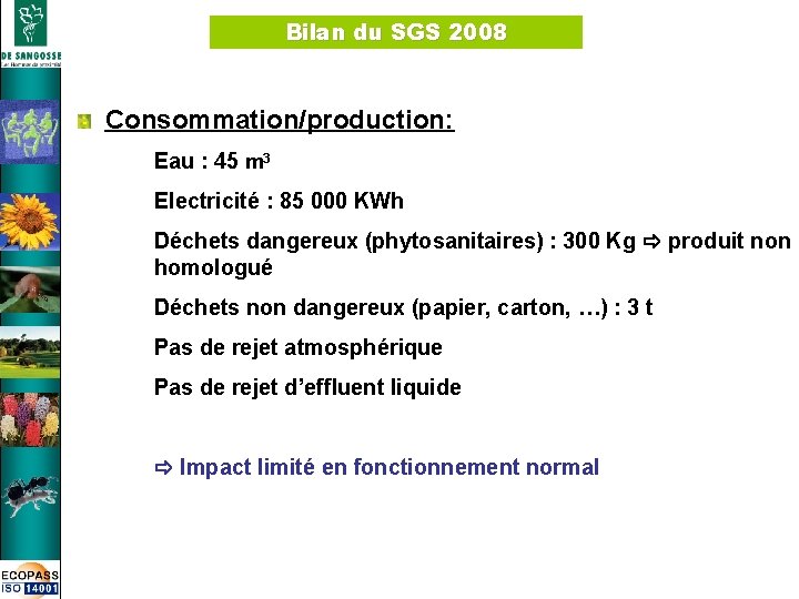 Bilan du SGS 2008 Consommation/production: Eau : 45 m 3 Electricité : 85 000