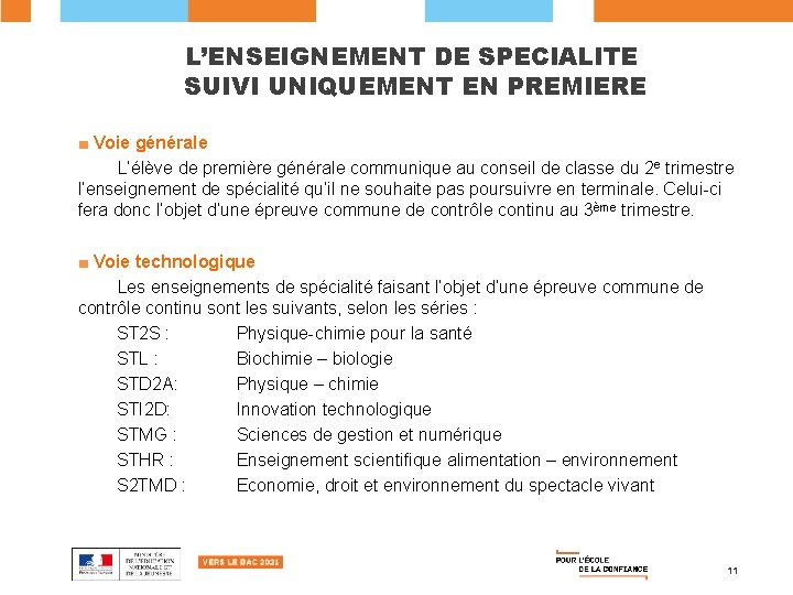 L’ENSEIGNEMENT DE SPECIALITE SUIVI UNIQUEMENT EN PREMIERE ■ Voie générale L’élève de première générale L’ENSEIGNEMENT DE SPECIALITE SUIVI UNIQUEMENT EN PREMIERE ■ Voie générale L’élève de première générale